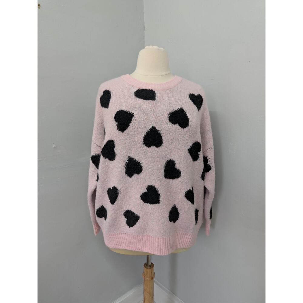 Torrid 2X Pink Sweater Black Hearts Long Sleeve Butter Cozy Soft Crew Neck - Picture 2 of 10